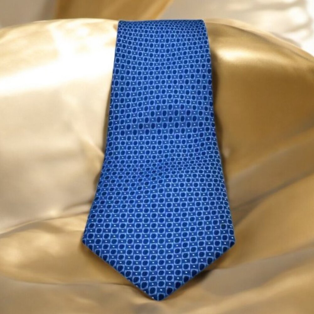 EUC Vintage British Oxford 100% Silk Tie Hand Sewn Blue & White Circles Squares